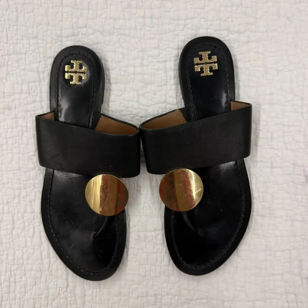 Tory Burch Patos Disk Slide Sandals Black/ Gold sz 8.5